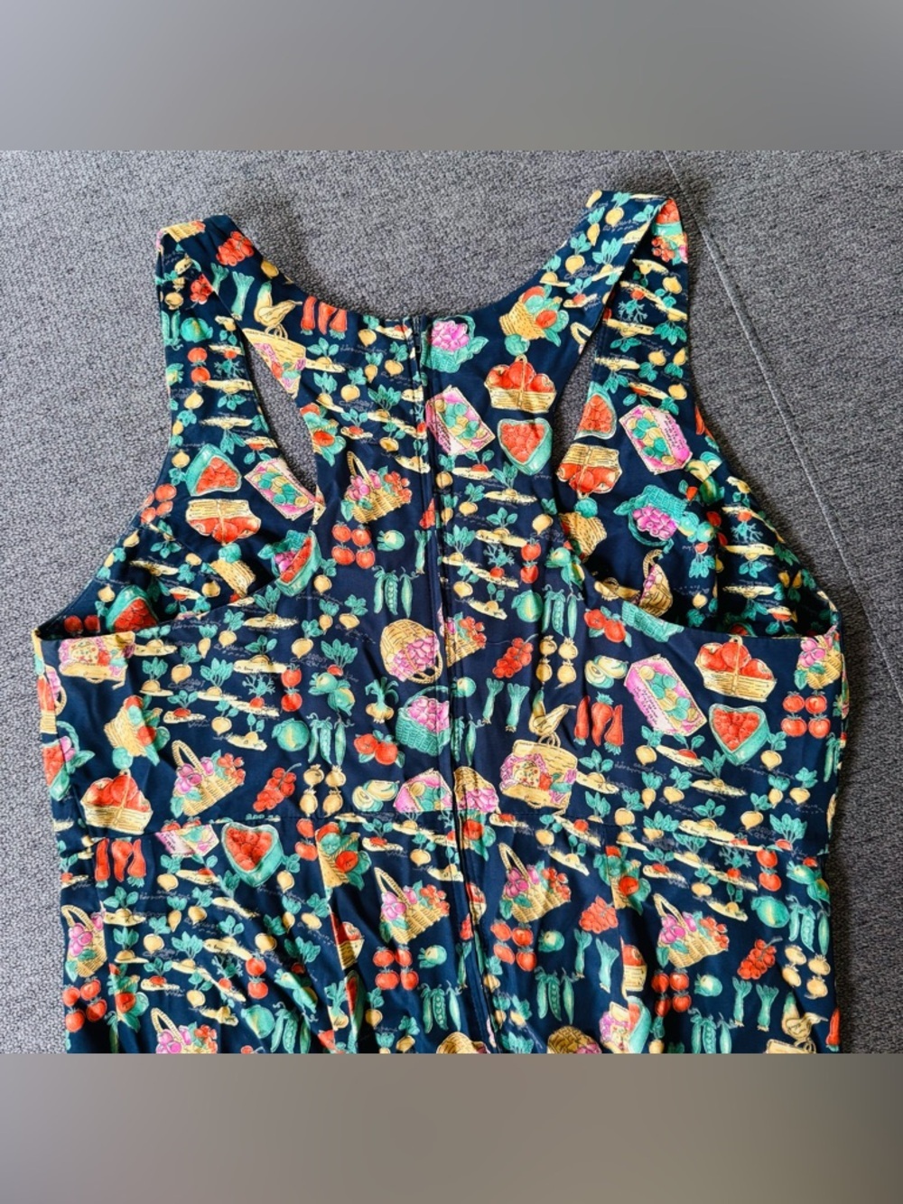 Vtg 90s Farmer’s Market Maxi Dress Vegetables Berries Fruits Navy Novelty 12 - Picture 5 of 10